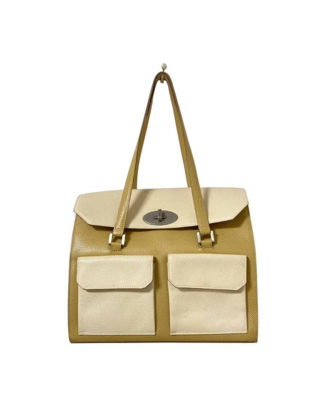 Bottega Veneta Vintage Turnlock Leather Tote Bag Beige White